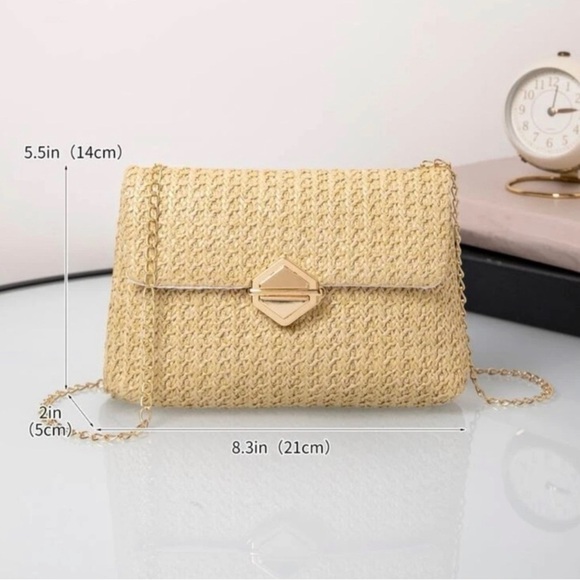 straw bag adjustable gold chain crossbody shoulder Boho spring summer neutral - Picture 6 of 8